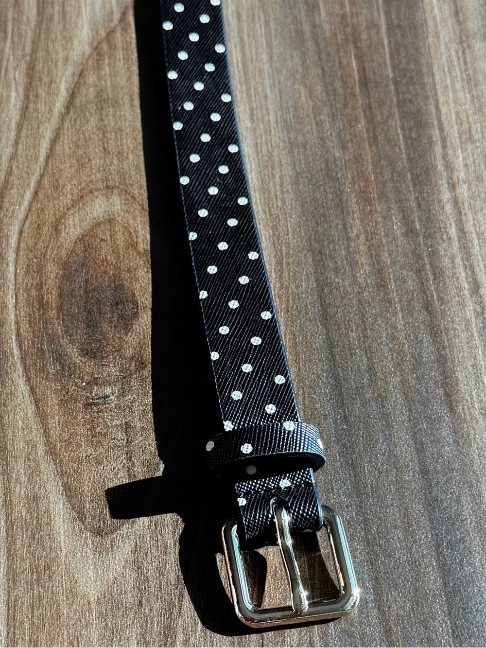 Talbots Women’s Slim Black & White Polka Dot Belt w/Square Silver Buckle
